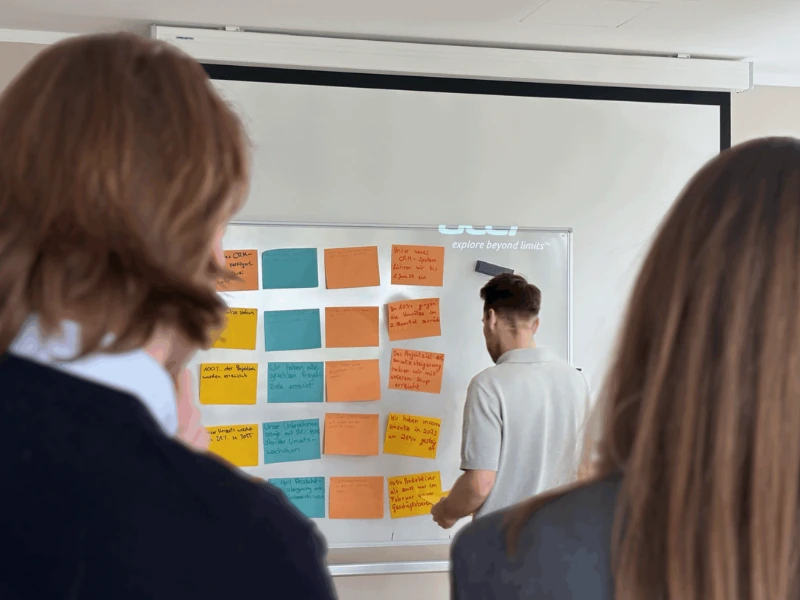 Whiteboard mit Post-Its im Workshop – Gute Arbeit sichtbar machen