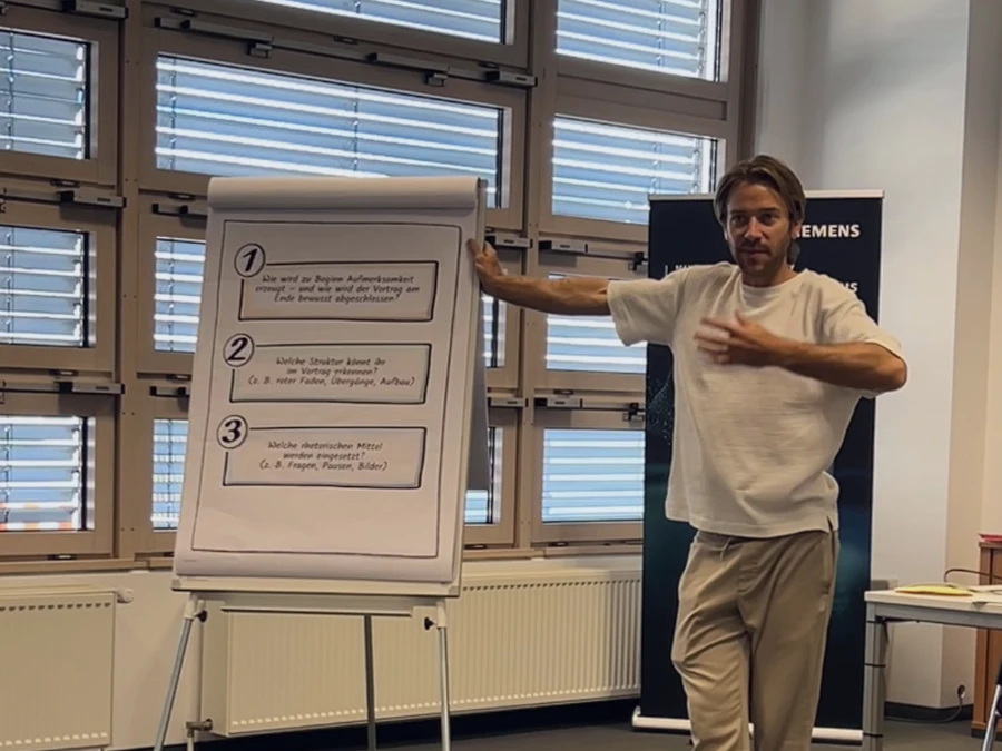 Flipchart mit drei Analysefragen – Präzision im Rhetorik-Coaching